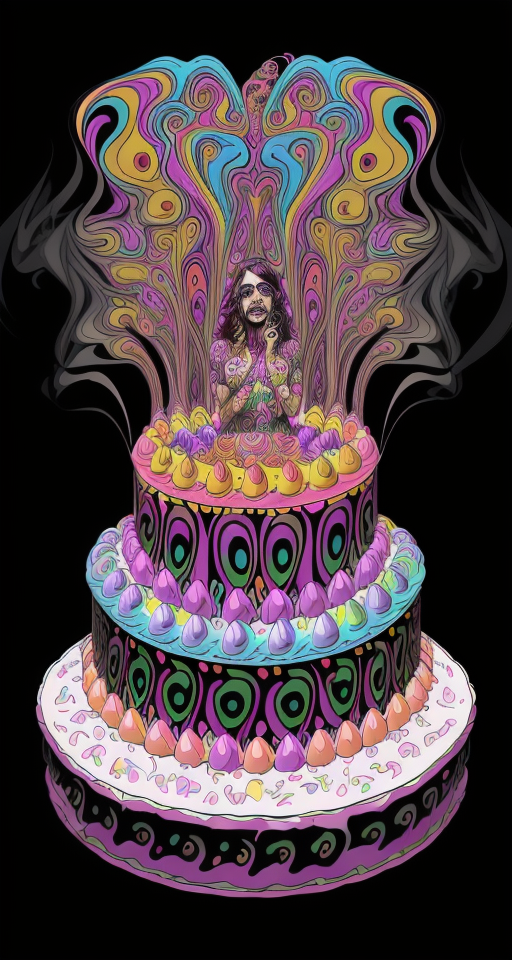psycodelic hippy repeat pattern, wedding cake , smoking blunt , cartoon, psychedelic Surrealism, realistic psychedelic hallucinations, Pablo Amaringo psychedelic art, Surreal weird art, Trippy, psychedelics, happiness, love colorful tones, highly detailed clean,  vector image, Professional photography, smoke explosion, Simple background,  flat black background, shiny vector, back background