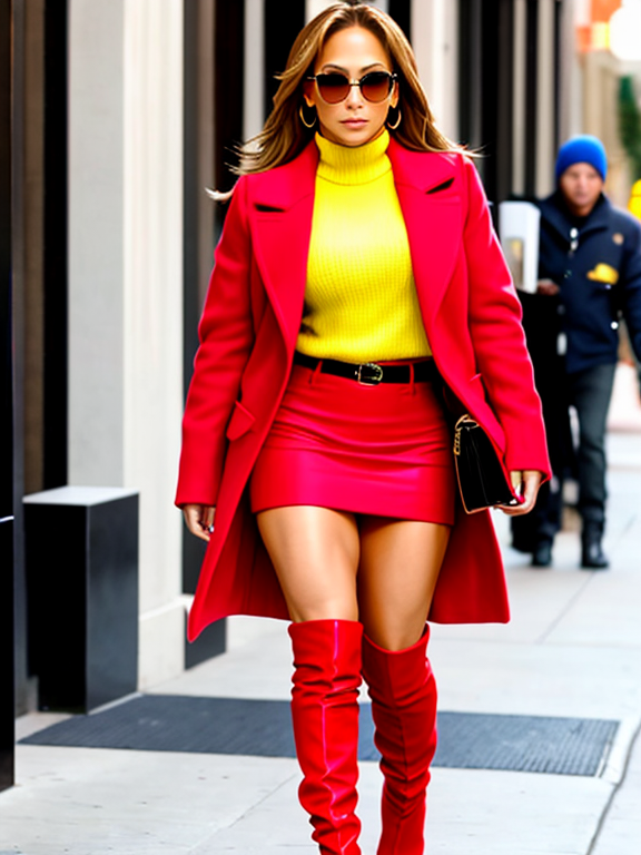 Jennifer Lopez in red jacket, yellow miniskirt with red boots over the knees 