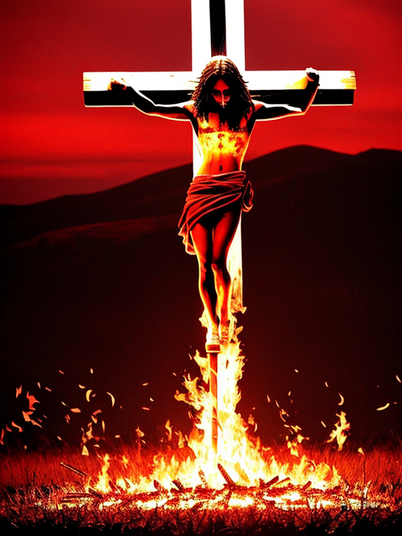 There's a burning world, there's a melting cross in the middle and Jesus is nailed and bleeding. Humans are enjoying the melting cross and the blood that Jesus is shedding under the cross with buckets. And there are scary eyes on the cross