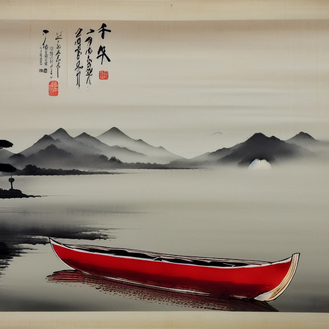 muted chinese ink painting scroll, muted colors, rice paper texture, splash paint, boy, boat, small red sun, Lakeside, Morning light, Clouds wet to wet techniques, perfect balance composition, highly detailed, ((highest quality)),  ink painting style, old chinese art style