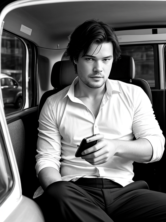 film actor Danila Kozlovsky is sitting in a taxi driving, holding a phone in his hand and looking at the phone, behind a monochrome background, a pencil-drawn image, a view of the image from outside the car