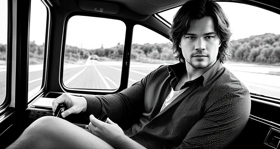 film actor Danila Kozlovsky is sitting in a taxi driving, holding a phone in his hand and looking at the phone, behind a monochrome background, a pencil-drawn image, a view of the image from outside the car