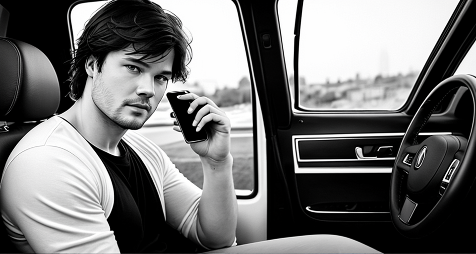 film actor Danila Kozlovsky is sitting in a taxi driving, holding a phone in his hand and looking at the phone, there is a monochrome background behind, the image is drawn in pencil, we, as a viewer, look at it from the outside of the car from the side