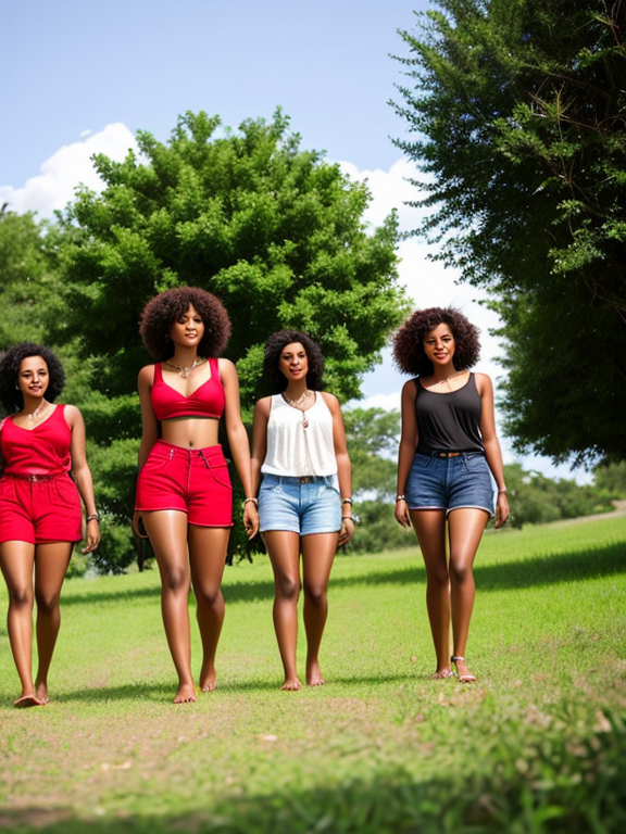 Group of Curly hair Black women RedDress Barefooted & Walks yhe Blackskinwomen With Jeanshorts