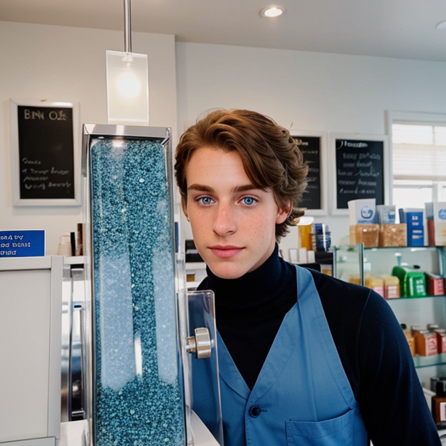 a photo of a beautiful, cute, a handsome boy, standing behind the counter, blue eyes, shiny skin, freckles, detailed skin, price labels, a masterpiece