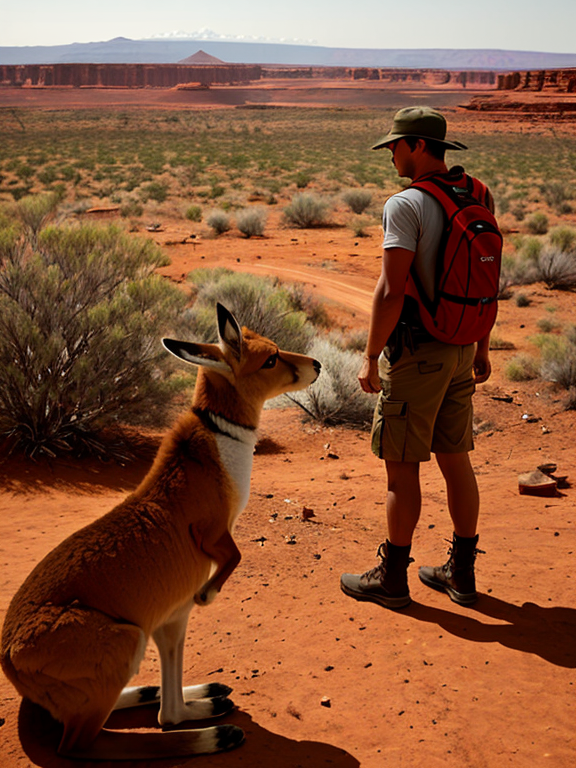 In the vast Australian outback, amidst the red dust and scrubby terrain, a lone man stands defiantly against a muscular kangaroo. The man, rugged and determined, clenches his fists as he braces for the confrontation. The kangaroo, towering on its hind legs, flexes its powerful muscles, ready to defend its territory. Behind them, the sun casts long shadows, intensifying the tension in the air. As they lock eyes, the battle between man and beast is about to erupt in an epic showdown.  