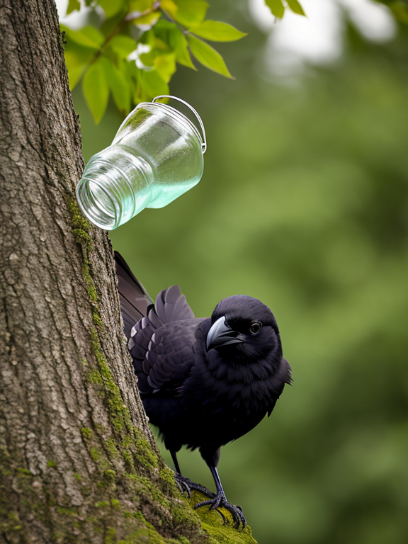  Illustrate a crow noticing a jug lying on its side near a tree. The crow is curious, peering into the jug with its beak. 8k