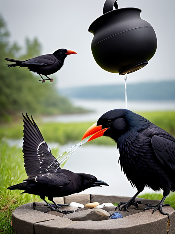 Depict the crow trying various methods to reach the water in the jug, such as dropping stones into it or attempting to tip it over with its beak. 8k