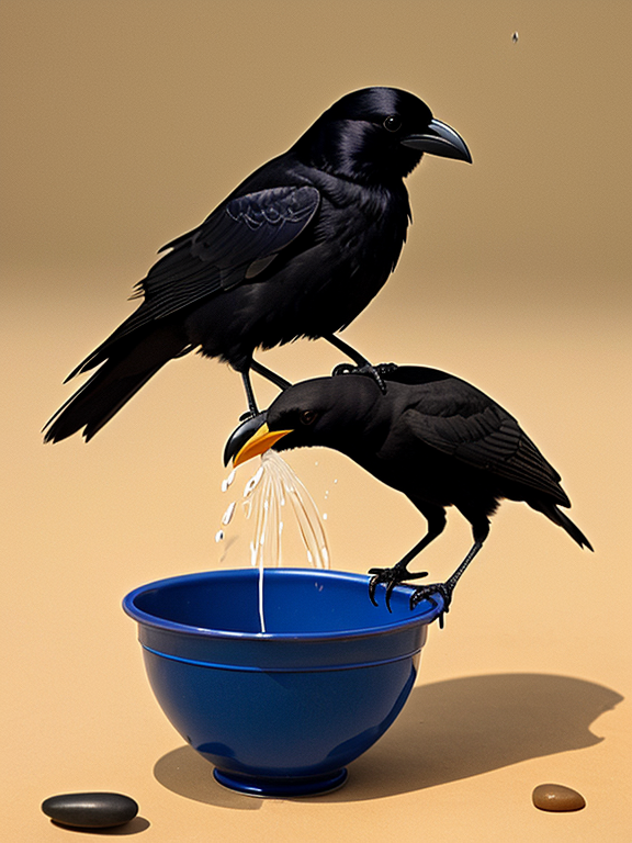 Depict a crow trying various methods to reach the water in the jug, such as dropping stones into it or attempting to tip it over with its beak. 8k