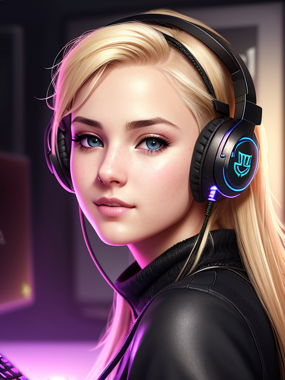 gorgeous gamer girl with blonde hair and dark eyes playing on her computer, portrait shot of her face lit up by the monitor, cute nose piercing, wearing gaming headset, dark atmosphere, dynamic lighting, ssci - fi and fantasy, intricate and very very beautiful, highly detailed, digital painting, artstation, concept art, smooth and sharp focus, illustration,