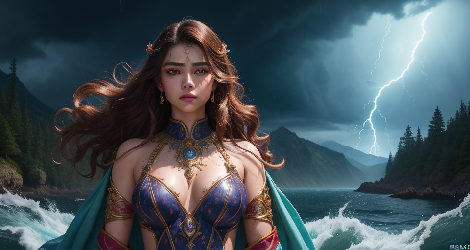 masterpiece ultra detailed, best quality, perfect face, detailed symmetric iris, perfect smooth skin texture, The god of the sea is walking on the turbulent sea, under the stormy rainy dark sky, lighting with lightning, coming from his sceptre. cloudy Moutains and lushy forest in the background. , digital art, illustration, full-body-shot:1, detailed round young teen face Good Hands, detailed piercing eyes, detailed luscious lips, realistic, realism, intricate, cinematic lighting, comprehensive cinematic, portrait photography, magical photography, (gradients), colorful, detailed landscape, cinematic bloom, hyper realism, soft light, dramatic light, sharp, HDR, (RSEEmma:1.5), wearing traditional clothes