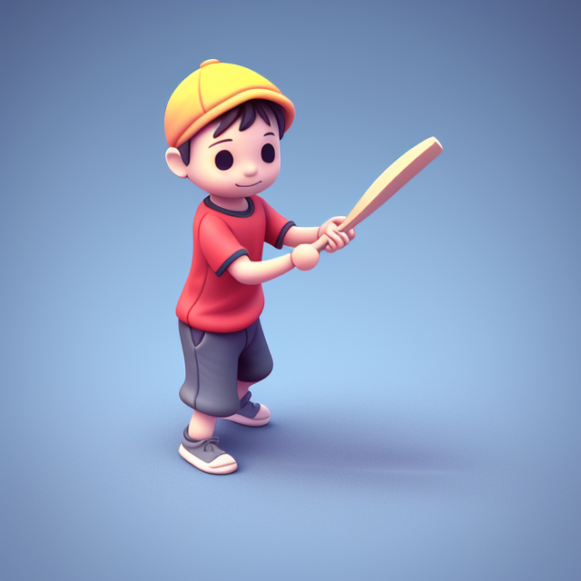 Tiny, Clay style, 3D, tiny, cute, stay center, a boy playing criket, adorable, Floating, High quality, 3d render, Emoji