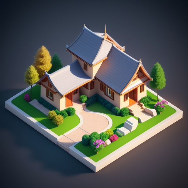 Centered, Very cute, Isometric view, Unique clay 3d icon curved low poly, a village house surrounded with garden valley, Thailish style decorations, 3D, 8K, minimal, indepth details, menu stand of the front., 100 mm, Pastel colors, 3d blender render, Neutral blur background, Centered, Matte clay, Soft shadows, Cute, Pretty, Curves, 16k resolution, Concept design, Modern house
