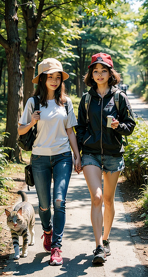 A couple of cats, one large and one small, are walking down a forest path wearing hiking gear. They have backpacks and the larger cat has a hat.