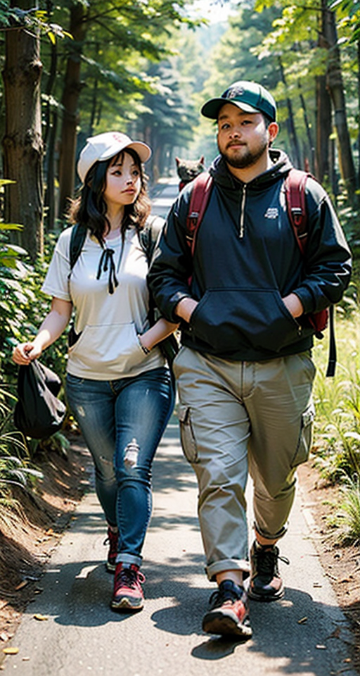 A couple of chubby cats, one large and one small, are walking down a forest path wearing hiking gear. They have backpacks and the larger cat has a hat.