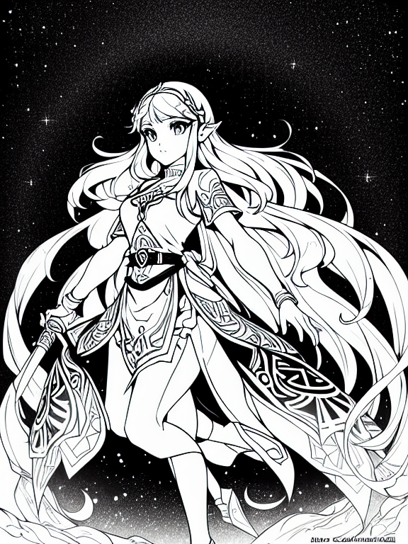 black and white, coloring page, Anime artwork of princess Zelda in a detailed intricate pink and black dress, stunning beautiful artwork, Breath of the Wild, 8k retro anime art, vintage 90's anime, akira style, by artgerm, full body, profile, white background, in the style of Charlie Bowater, digital illustration, with beautiful eyes and full blonde curly hair, coloring page, flawless line art
