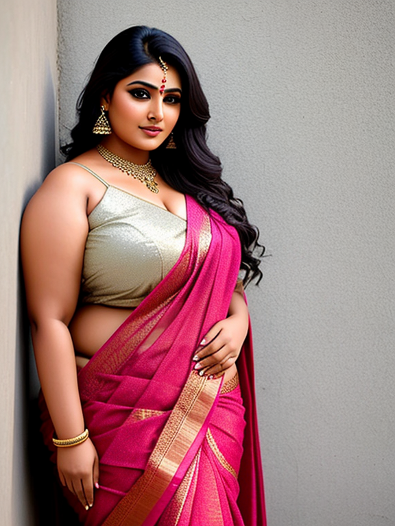 Indian bbw saree model standing leaning sideways against the wall half body portrait with dreamy face