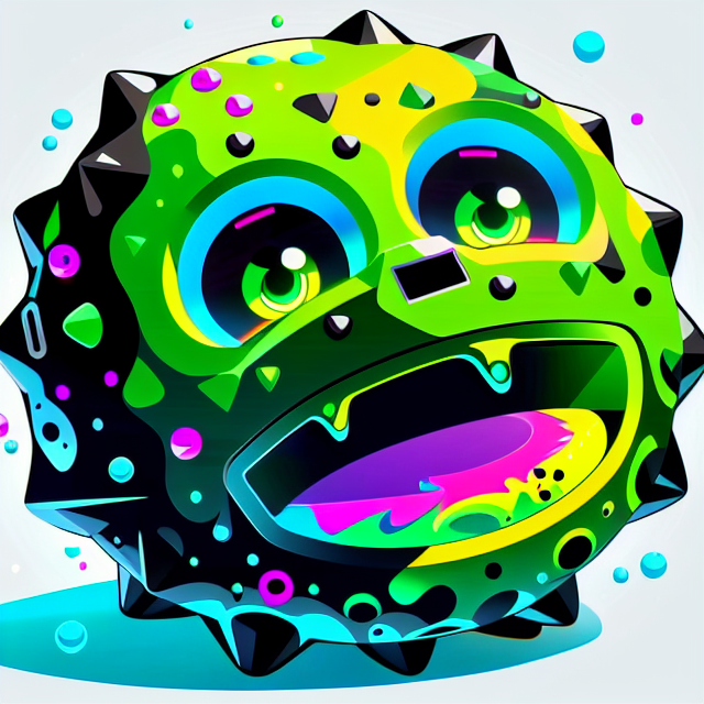 Create a realistic asteroid mascot named Acidoid, covered in green acid, with eyes and a mouth, using vibrant colors., Badge, Badge logo, Centered, Digital illustration, Soft color palette, Simple, Vector illustration, Flat illustration, Illustration, Trending on Artstation, Popular on Dribbble, Pastel colors, On a white background
