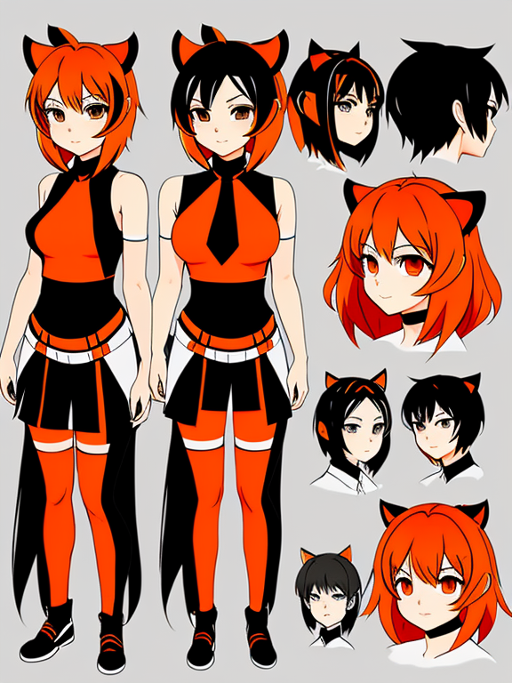 concept art, sketch, character design sheet, tiger anime girl, orange and black hair, flat colors, simple art style