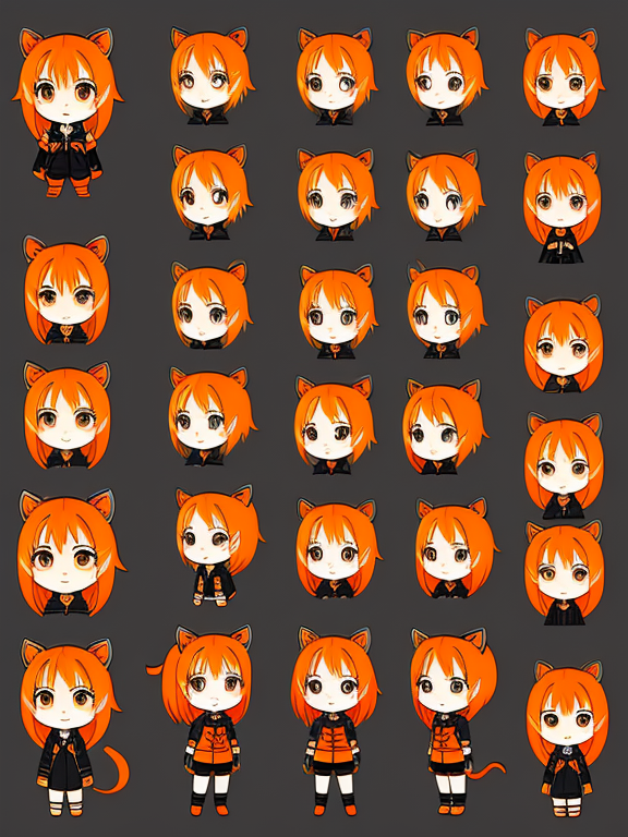 concept art, sketch, character design sheet, tiger anime girl, orange and black hair, flat colors, simple art style, chibi
