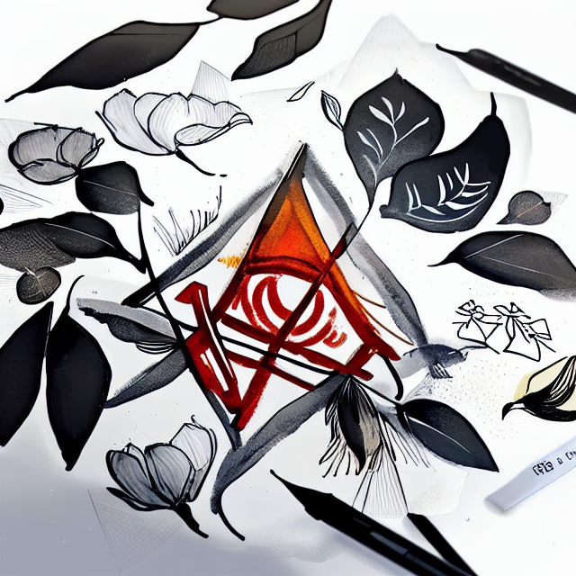 Use the symbols of Japan, Sri Lanka, India, Europe representing unity and use the name 'Sangsparsha' as the grant name of the logo., white background behind the triangle with no objects, in Agnes Cecile art style, illustration, ink illustration, white background, Make a logo with Tea and Bloom