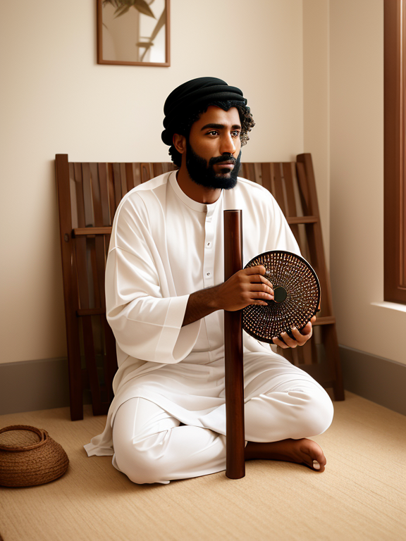 A Saudi dark skinned man sits cross-legged in a mud room, sits on a palm frond mat, and plays the oud. analog style, RAW photo, hyper real photo, ultrarealistic uhd faces, 8k uhd, dslr, soft lighting, high quality, film grain, Fujifilm XT3, photographed on a Plaubel Makina W67 Camera, 50mm lens, F/2. 8, HDR, hyper-realistic, colorgraded, volumetric lighting, shallow depth of field, reflections, absurdres, fashion shot ,8k,Sharp high detail high quality realistic