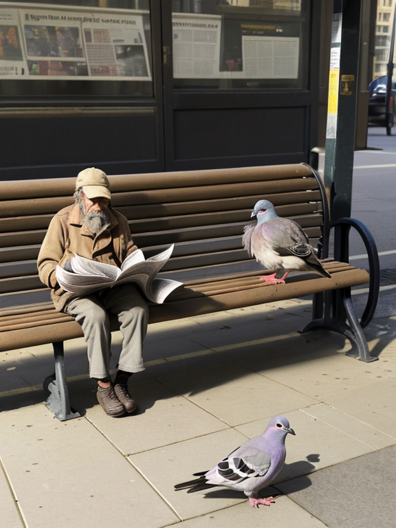 it's a sunny morning, a homeless man is lying on a bench under a newspaper, a pigeon walks next to him