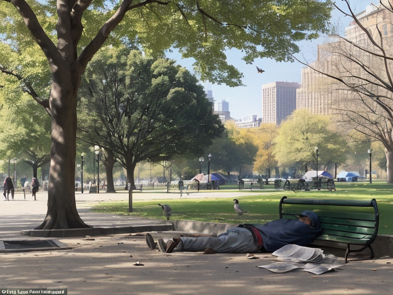 it's a sunny morning in the park, a homeless man is lying on a bench under a newspaper, a pigeon walks next to him