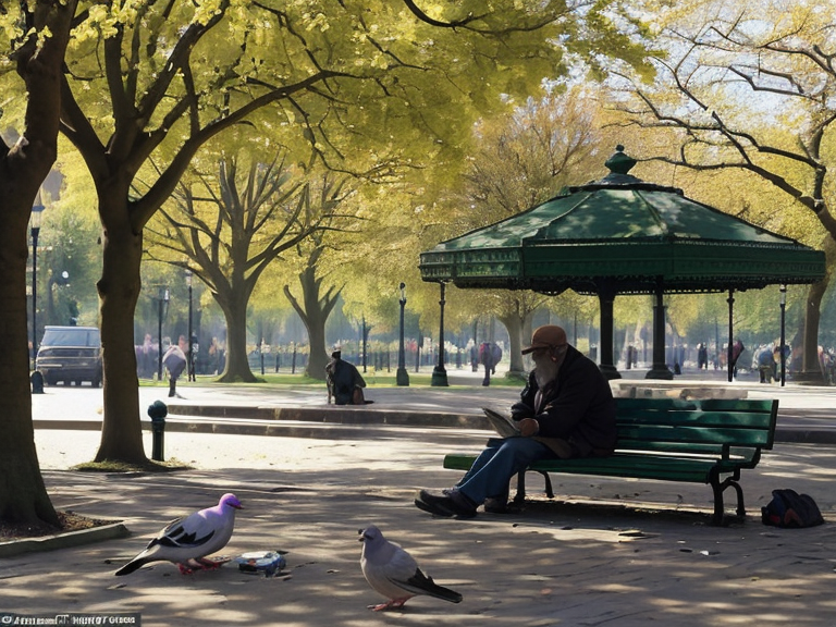 it's a sunny morning in the park, a homeless man is lying on a bench under a newspaper, a pigeon walks next to him. no people else