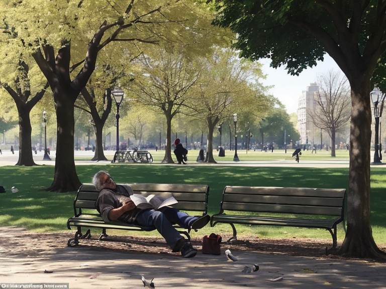 it's a sunny morning in the park, a homeless man is lying on a bench under a newspaper, a pigeon walks next to him. no people else