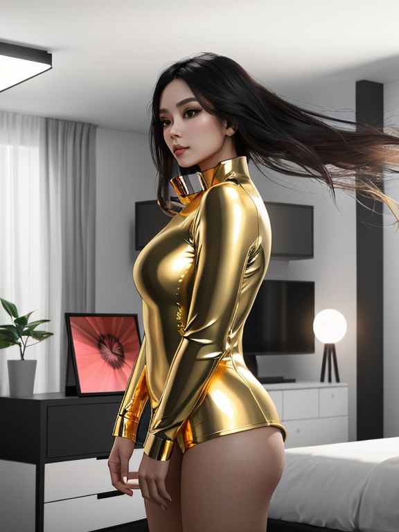 Portrait, A beautiful woman that is standing in a modern room, Young girl, full body view, real full body height, beautiful woman standing confidently in a bright, modern room with minimal decor, vivid lighting, with sharp focus and smooth textures, inspired by the works of artgerm, Beautiful hair, Makeup, Octane render, 8k, Beautiful lighting, Golden ratio composition, hyper realistic
