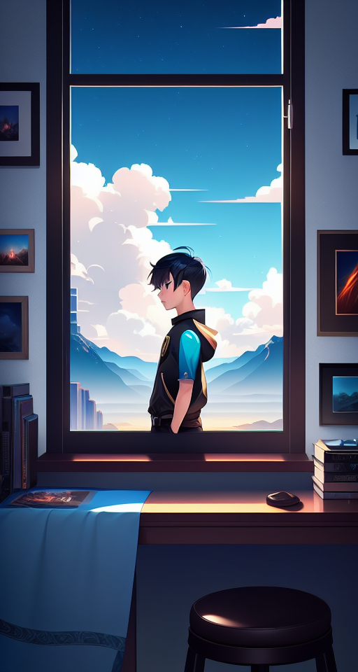 fantasy, boy, 1 boy , boy, scenic view window, digital art by artists such as Loish, Ross Tran, and Artgerm, highly detailed and smooth, with a playful and whimsical feel, trending on Artstation and Instagram, 2d art, Lofi Music Anime Illustrations Wallpapers, unique and eye-catching thumbnails, covers for your YouTube videos and music tracks, Vector illustration, 2D, Anime style