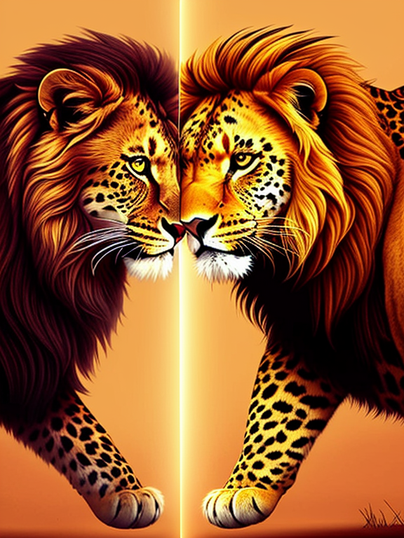 In 3000 × 3000 pixels, draw a lion and a leopard fiercely facing each other, as a logo