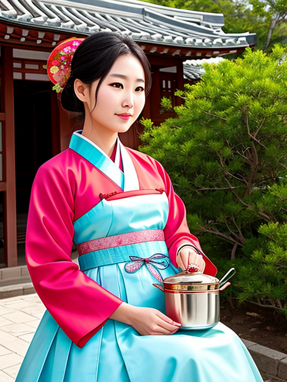 an elegant korean woman in hanbok, holding a traditional kimchi pot that can show the kimchi inside