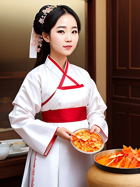 an elegant korean woman in hanbok, holding a traditional kimchi pot that can show the kimchi inside, realistic style, focus on the kimchi