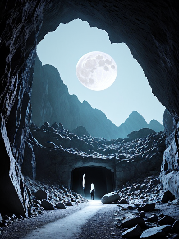 A mysterious cave in a night with full moon with wolf blood on the whole cave a very creepy scene