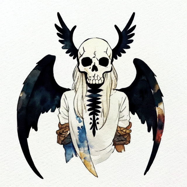 viking skull with wings, A simple, minimalistic art with mild colors, using Boho style, aesthetic, watercolor