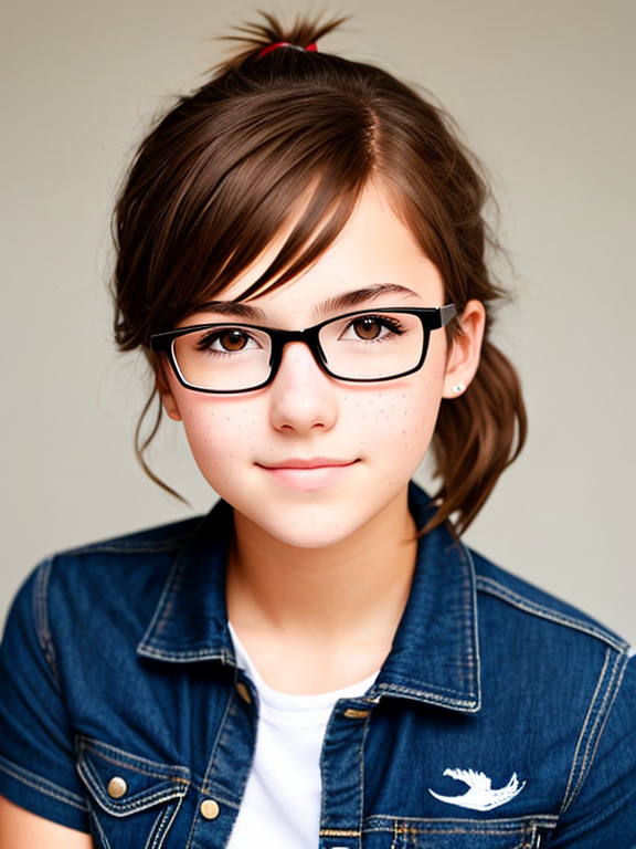 Young teen girl with short brown hair in a ponytail, glasses, freckles
