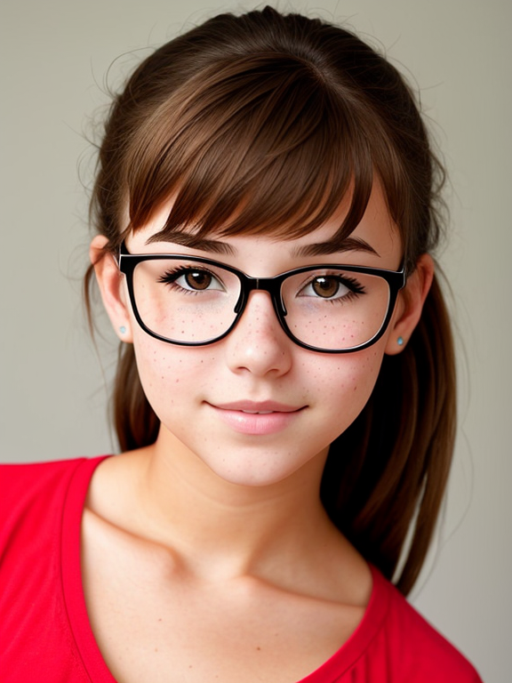 Busty young teen girl with short brown hair in a ponytail, glasses, freckles