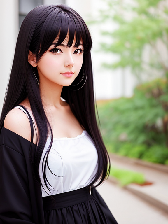anime style woman with dark hair leaning to the side, looking forward 