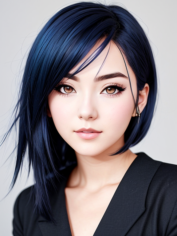 anime style woman with dark blue hair leaning to the side, looking forward confident