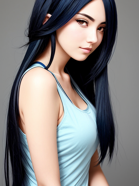 anime style woman with long dark blue hair leaning to the side, looking forward confident. wearing tank top