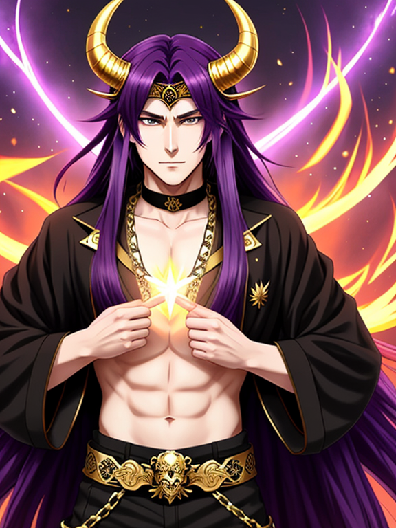 anime style man, long purple hair, horns and golden crown, hands out to the side confidently holding dark fire magic, dragon wings behind. wearing pants with a skull belt