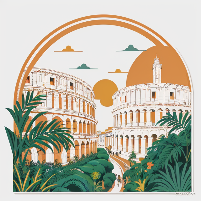 street rome colosseo, planar vector, character design, japan style artwork, on a shamanic vision quest, with beautiful nocturnal sun and lush Amazon jungle in the background, subtle geometric patterns, clean white background, professional vector, full shot, 8K resolution, deep impression illustration, sticker type, vibrant color, colorful background, a painting illustration , 2D