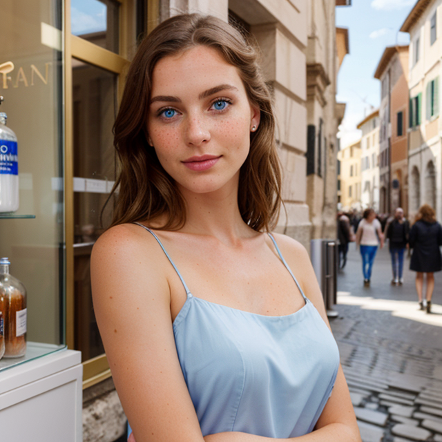 a photo of a beautiful, cute, street rome colosseo girl, standing behind the counter, blue eyes, shiny skin, freckles, detailed skin, price labels, a masterpiece