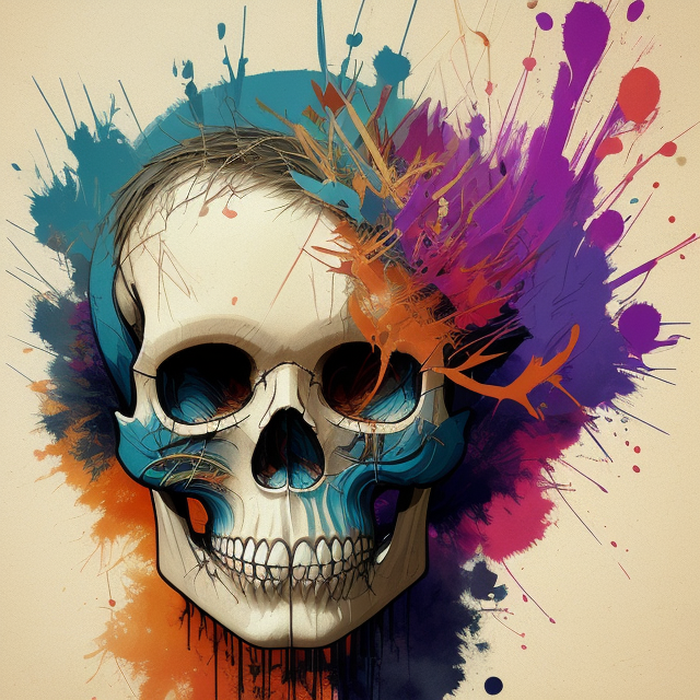 A vivid and striking illustration of a human skull adorned with colorful splatters and streaks. The design features a variety of hues that evoke a sense of Halloween spirit. The skull is intended for use on various surfaces, such as clothing, fabric, wallpaper, gift wrapping, or as a decorative element for Halloween parties. The style of the artwork combines elements of digital illustration, painting, and graffiti, resulting in a unique and eye-catching design., graffiti, illustration, painting  , In the center of the emblem, The logo features a circular emblem with a dark background, highly detailed, high quality logo, Subject fits in frame, Oil painting, art by Carne Griffiths and Wadim Kashin concept art, ethereal background, Approaching perfection, Golden ratio, Minimalistic clip art, A retro logo vintage cartoon,negative space logos style ,Great russian, minimalistic logo design featuring Moscow Kremlin,, by Brian Froud and Carne Griffiths and Wadim Kashin and John William Waterhouse, 8k post production, High resolution, hyperdetailed, Trending on Artstation, Art by Greg Rutkowski, beautiful gradient, Depth of field, clean image, High quality