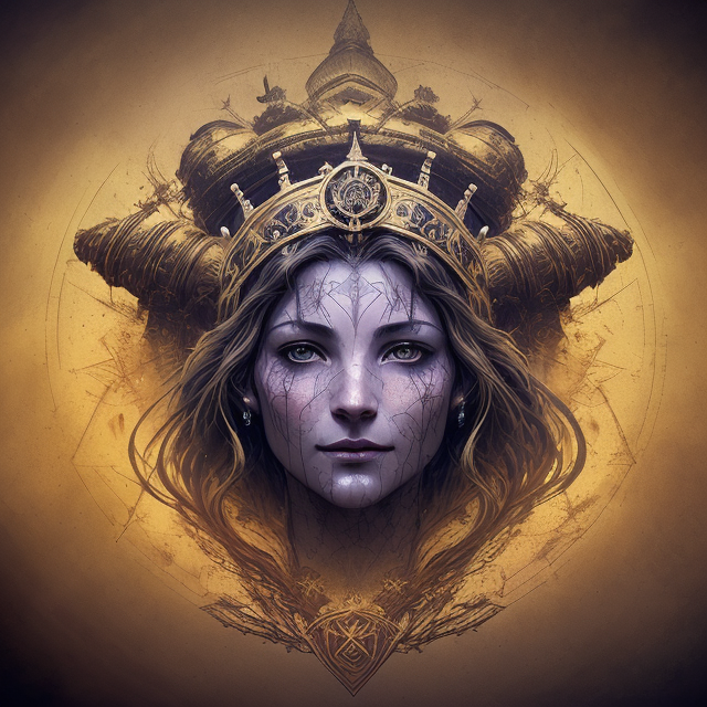 A captivating dark fantasy logo featuring the mythical Greek goddess Pandora, with a mysterious smile, wearing a crown adornedwith intricate symbols. The background is a deep, dark purple hue, with a faint image of a pentagram. The text 