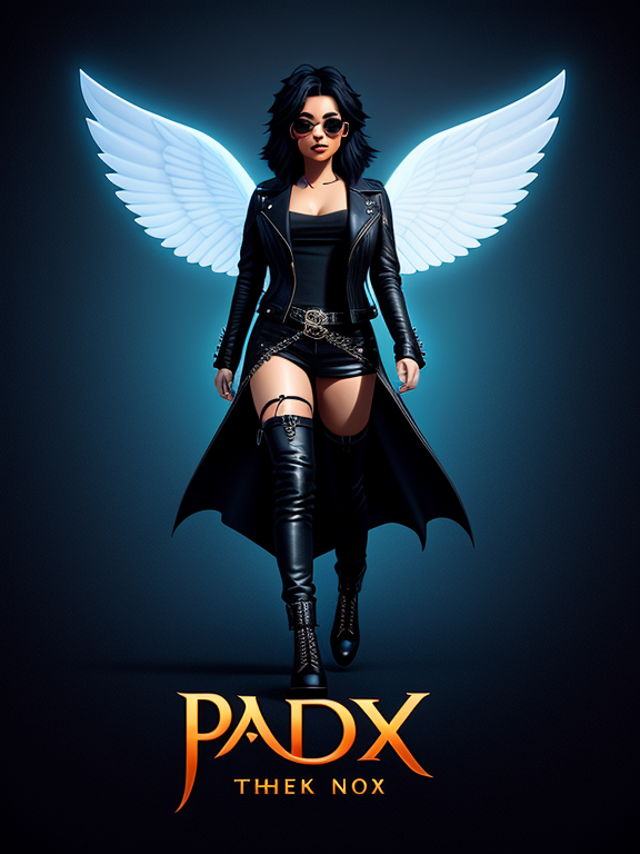 Pixar style, 3d style, Disney style, 8k, Beautiful, A stylish and edgy rock 'n' roll logo for Pandora, featuring a black angel with a rebellious attitude. The angel is adorned witha leather jacket and a pair of sunglasses, exuding a cool vibe. The 