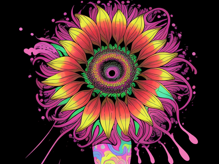 psycodelic hippy repeat pattern, cute sunflowers and pink tulips image, psychedelic Surrealism, realistic psychedelic hallucinations, Pablo Amaringo psychedelic art, Surreal weird art, Trippy, psychedelics, happiness, love colorful tones, highly detailed clean,  vector image, Professional photography, smoke explosion, Simple background,  flat black background, shiny vector, back background