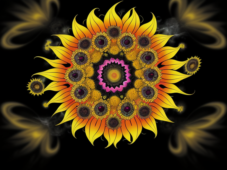 psycodelic hippy repeat pattern, cute and yellowish sunflower, psychedelic Surrealism, realistic psychedelic hallucinations, Pablo Amaringo psychedelic art, Surreal weird art, Trippy, psychedelics, happiness, love colorful tones, highly detailed clean,  vector image, Professional photography, smoke explosion, Simple background,  flat black background, shiny vector, back background
